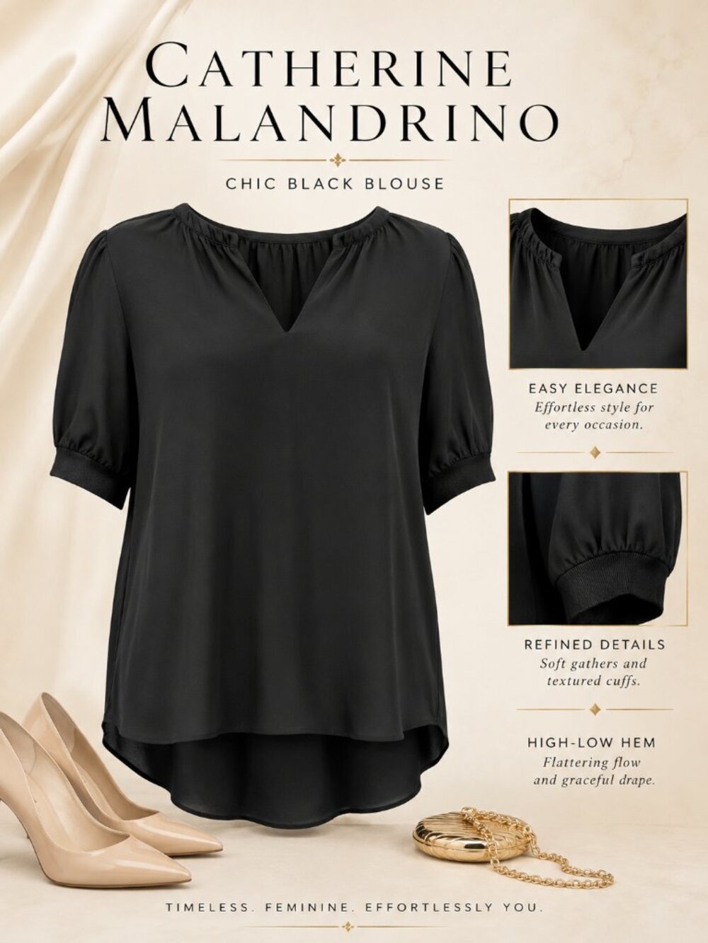 Catherine Malandrino Black Short Sleeve Top Size L NWT